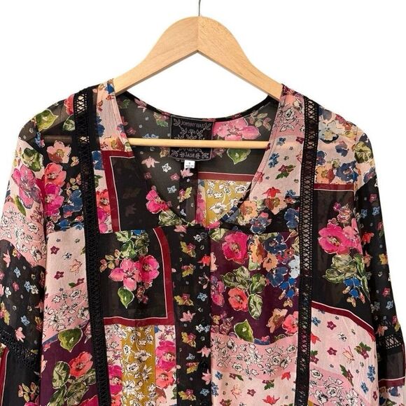 Johnny Was Jade Roswell Pieced Blouse Pink Black Lace Patchwork Floral Top S - Picture 2 of 9